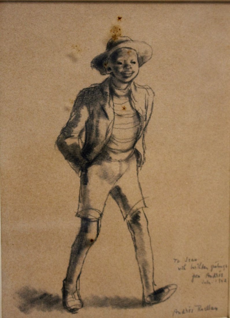 Andree Ruellan; 20thC. Charcoal Drawing Signed: Charcoal on paper. Young Boy. Signed , dedicated and dated 1942. Inscribed "To Jean with birthday greetings from Andree July 1942"; 8in. X 6in.(image size)