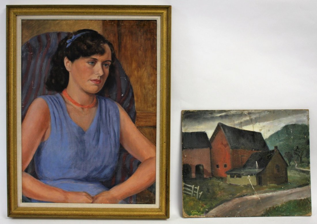 Two(2) Charles Rosen Estate Paintings: Including: oil on board. Portrait of a Woman. Inscribed faintly u.r, 24in. X 18in.; oil on board. Woodstock Barn, 14in. X 17in.