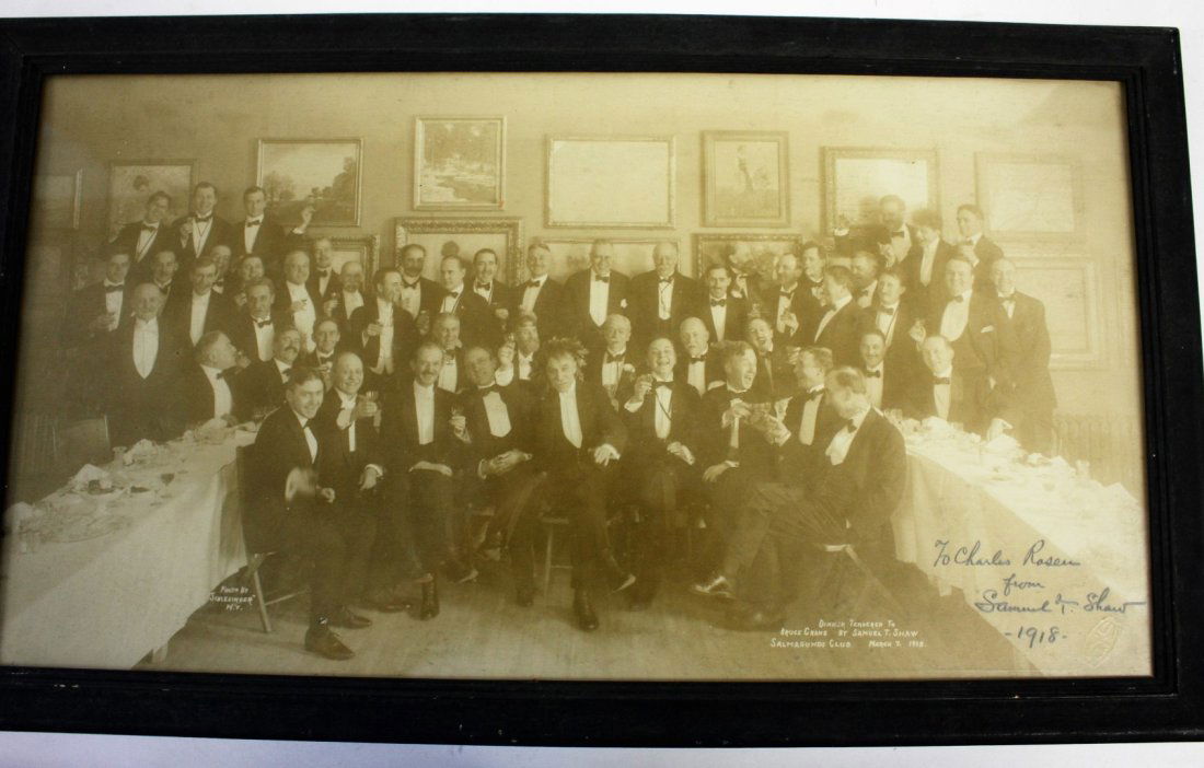 Vintage Salmagundi Photograph, 1918: Photograph. Salmagundi Club. 1918. Inscribed "Dinner Tendered to Bruce Crane by Samuel T. Shaw Salmagundi Club March 7,1918. Inscribed in pencil "To Charles Rosen from Samuel T. Shaw 1918"; 10.5in. X