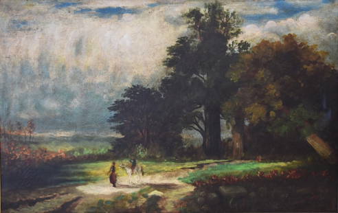 E.M. Bannister; American Oil Painting Signed: Oil on canvas. Forest Landscape with Figures and Horse. Signed l.r.; 17.5in. X 27.5in.