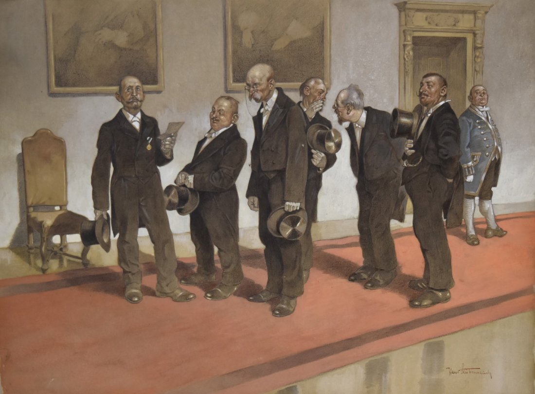 Hans Stubenrauch; GermanMixed Media Signed: Watercolor and charcoal on board. Waiting for the King's Arrival. Signed l.r.; 19in. X 25.25in.
