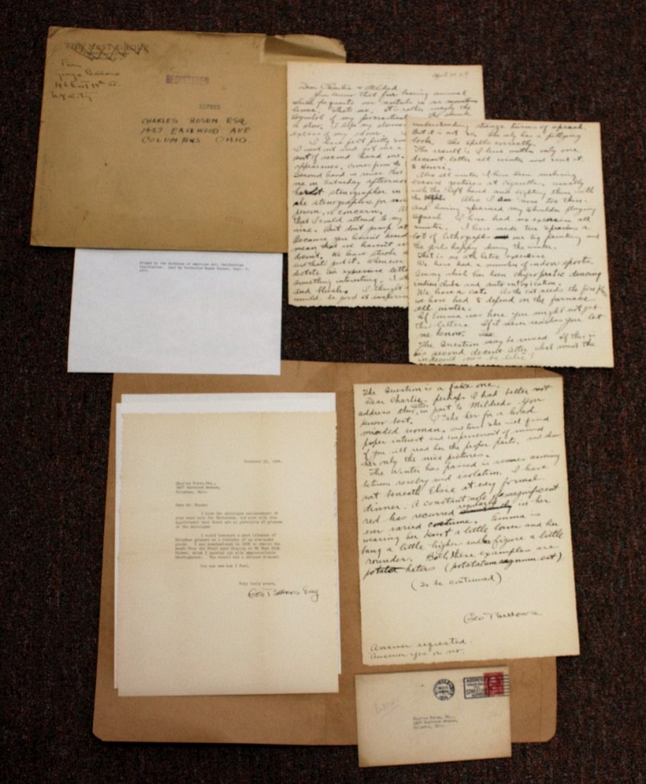 Lot of George Bellows Correspondence Ephemera: Two(2)letters to Charles Rosen. Addressed to Rosen while in Columbus, Ohio. Dated 1924. Archived and filmed, Smithsonian Institution of American Art. Lent by Katherine Rosen Warner, Sept.9, 1975.