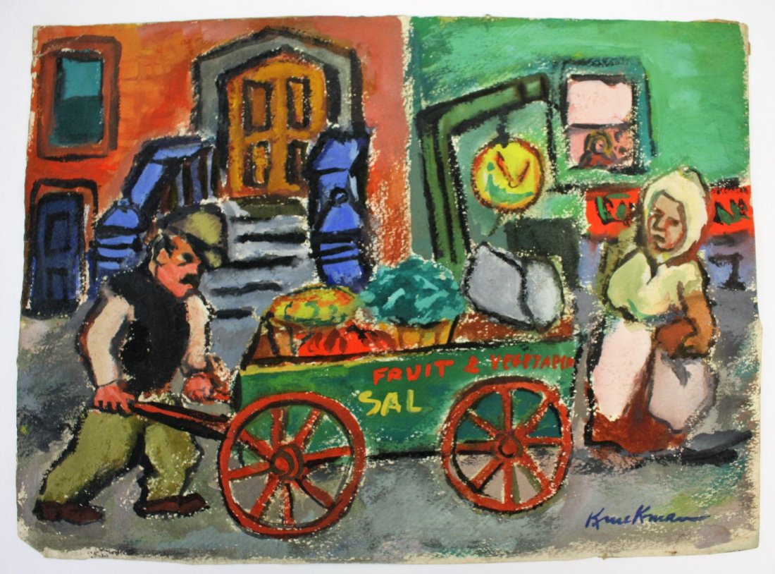 Herb Kruckman; 20thC. American Watercolor Signed: Watercolor on paper. Street Vendors, NYC. Signed l.r.; 11.25in. X 15.25in.