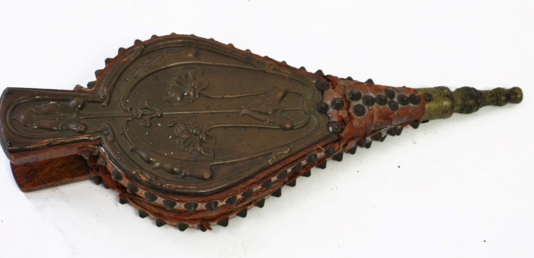 Early Carved Wood Bellows: Carved wood bellows. Art Nouveau floral design. Brass and copper trim; 14in.L. x 5in.W.