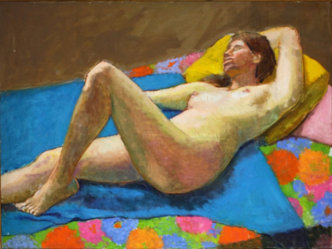 Joy Divine; 20thC. American Oil - Reclining Nude: Oil on canvas. Reclining Nude. Inscribed Joy on reverse; 30in. X 40in.