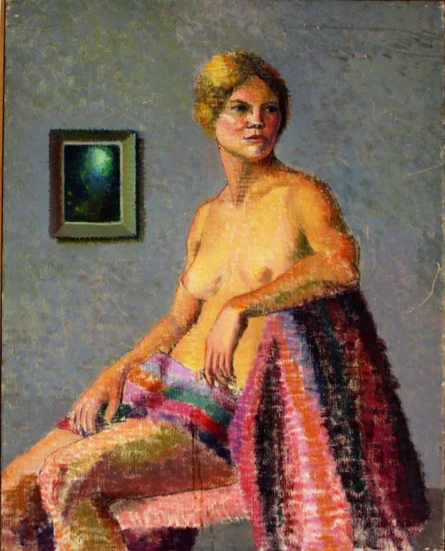 Joy Divine; 20thC. American Oil - Seated Nude: Oil on canvas. Interior Scene with Seated Nude; 30in. X 23.75in.