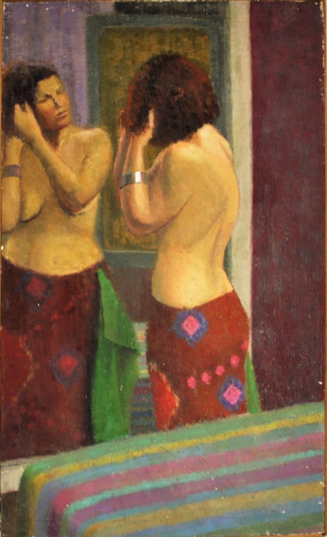 Joy Divine; 20thC. American Oil Painting Signed: Oil on canvas. Semi Nude Girl in Mirror. Signed l.r. and dated '78; 40in. X 24in.