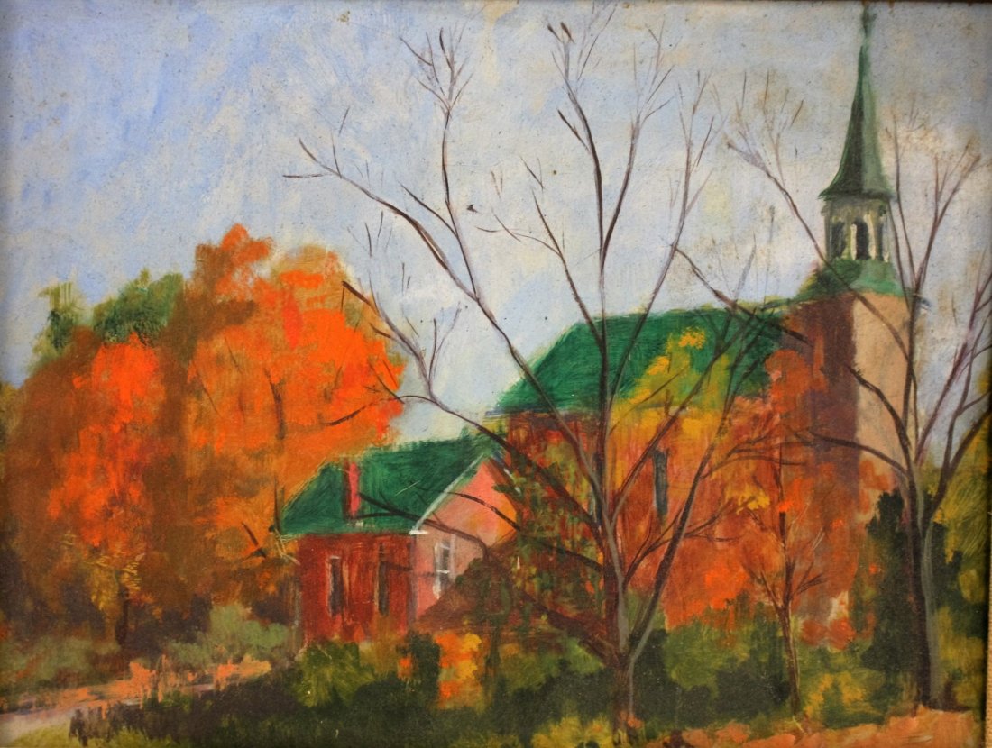Joy Divine; 20thC. American Oil - Autumn Church: Oil on masonite. Autumn Church; 6.75in. X 9in.