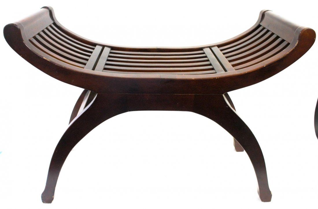 Unusual Mahogany Curved Slat Window Bench: Mahogany curved slat wndow seat; 23in.H. x 33in.W.