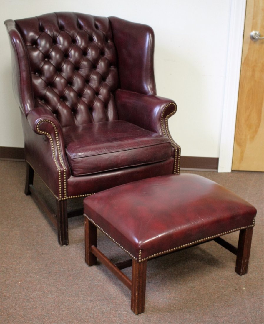 Chesterfield Leather Wing Back Chair and Ottoman (1 of 4)