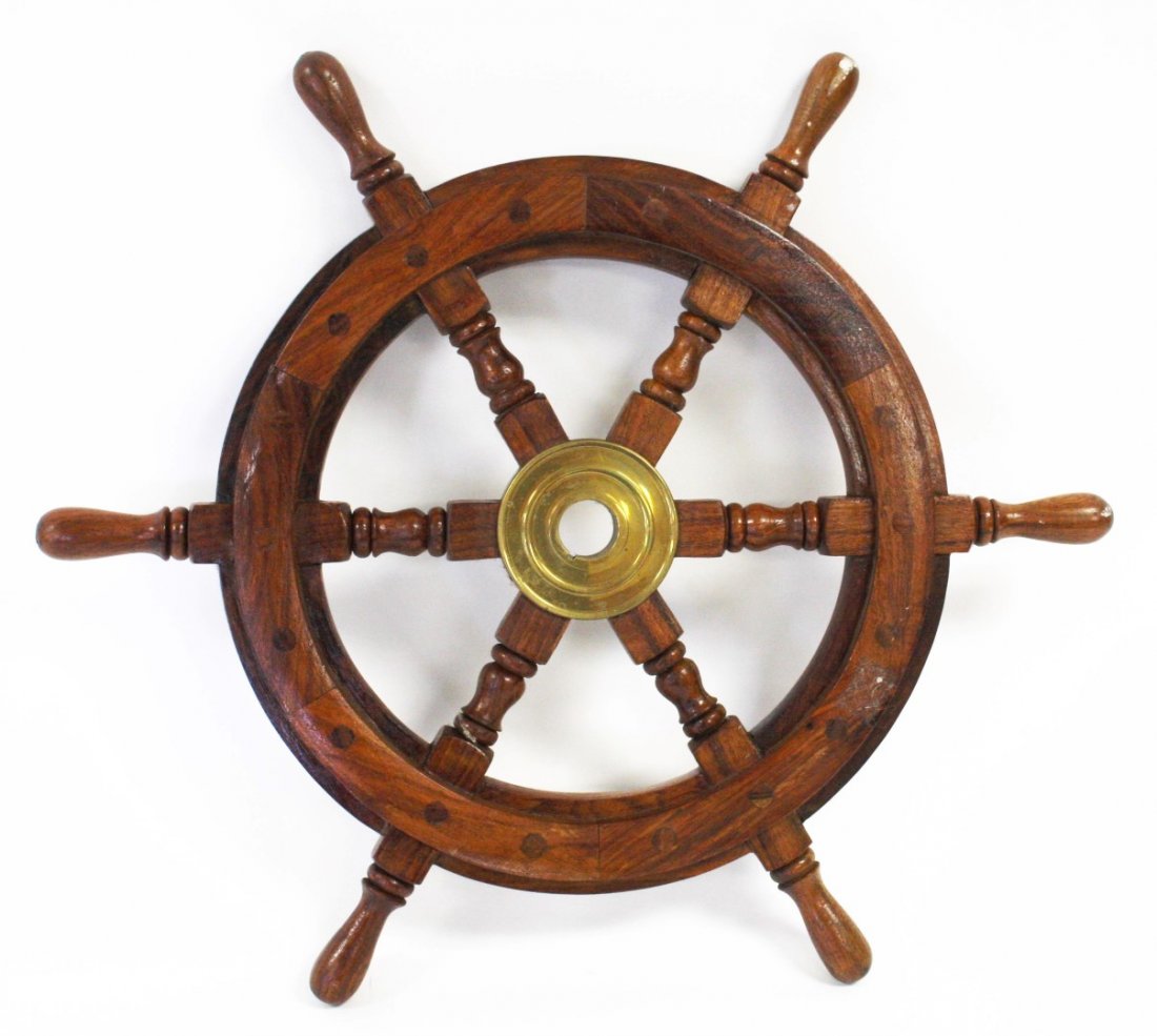 Brass and Wood Ship's Wheel: Wooden ship's wheel. Center brass hub; 19in. Diameter