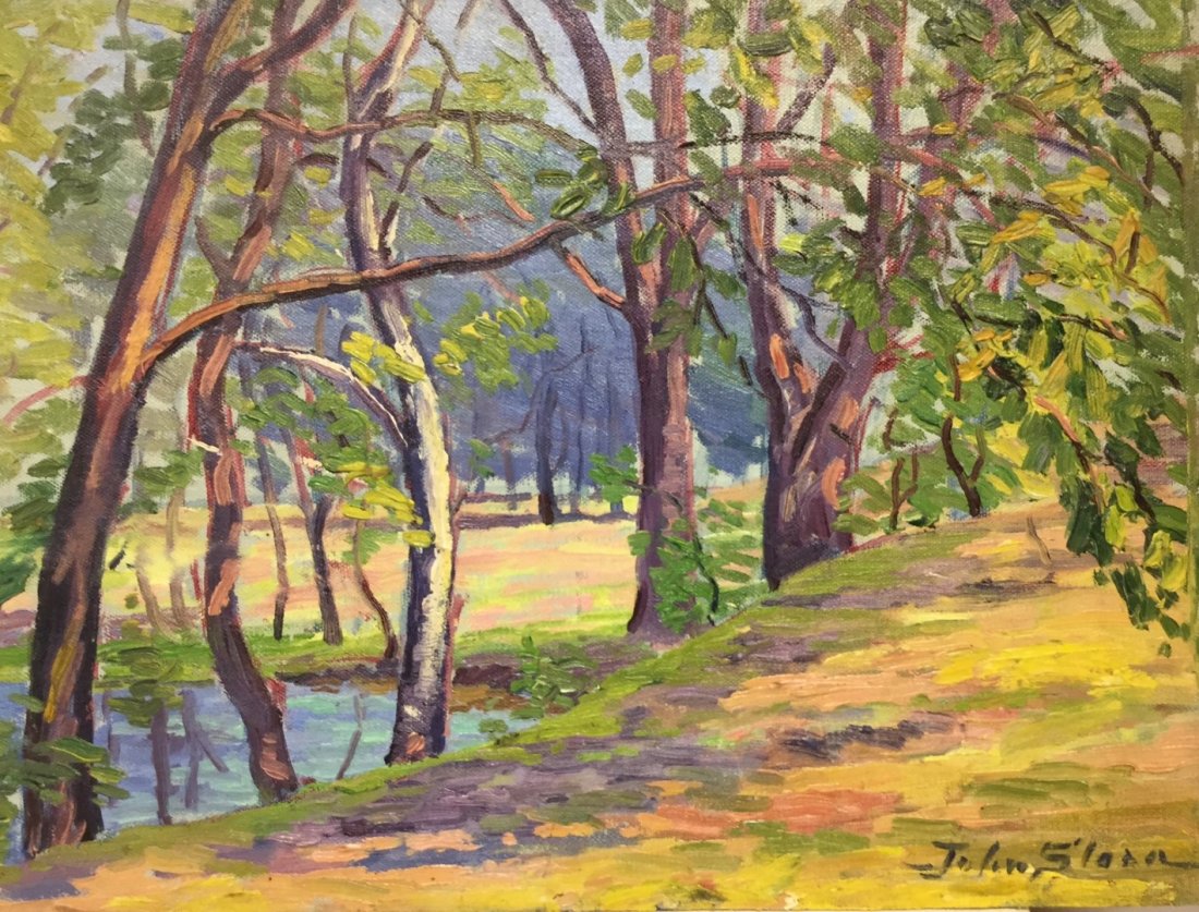 John Sloan(attributed to); American Oil Painting Signed: Oil on canvas{mounted on board). Lake in Central Park. Signed l.r.; 12in. X 16in.