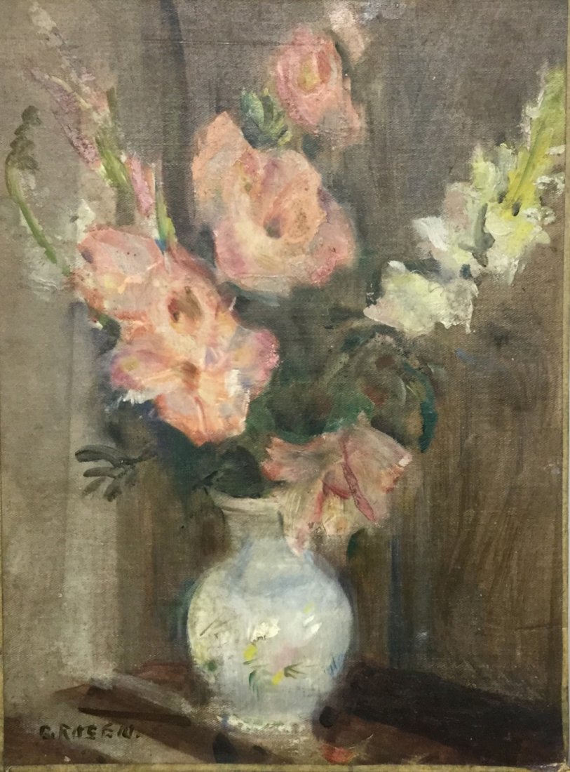 Charles Rosen; American Oil Still Life Signed: Oil on canvas board. A Still Life - Gladiolas. Signed l.l.; 16in. X 12in.