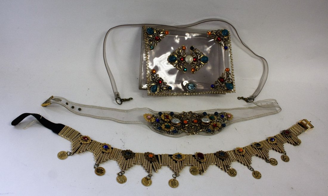 Lot of Vintage Ladie's Fashion Accessories: Including: Jose Coter decorated purse and belt; Brass and leather belt with stone inlay; 11in. - 34in.L.