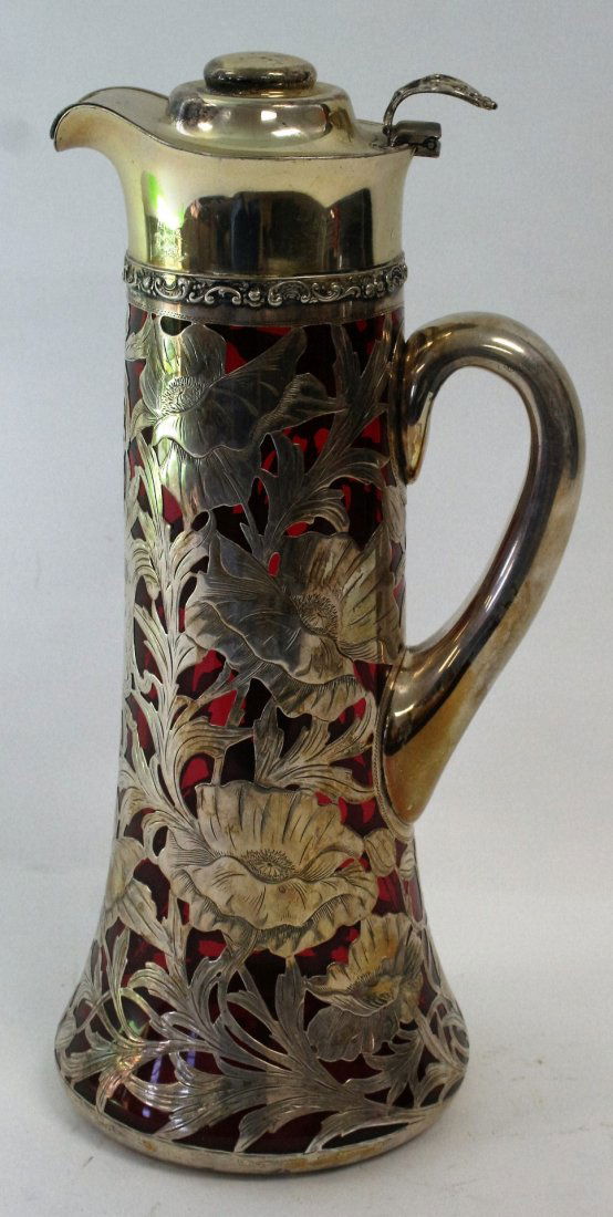 Victorian Silver Overlay Cranberry Cut Glass Pitcher (1 of 8)