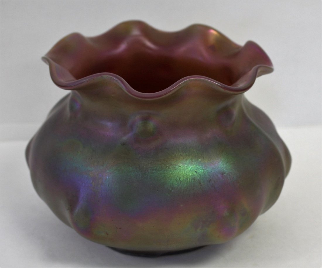Loetz Art Glass Bowl: Blown out art glass bowl. Ruffled rim; 5.25in.H. x 6.5in.W.