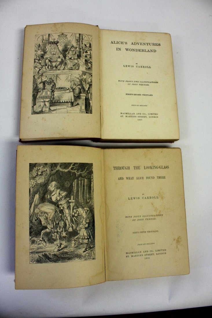 Two(2) Books: Lewis Carroll. Alice in Wonderland; 1911: Lewis Carroll. Alice's Adventures in Wonderland. Mac Millian and Co. 1911; Through the Looking Glass. Mac Millian and Co. 1913