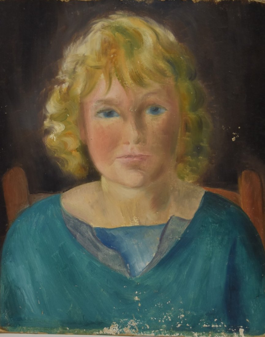 Konrad Cramer; 20thC. American Oil Portrait of Aileen: Oil on board. Portrait of the Artist's Daughter, Aileen. 1925. Inscribed on the reverse by Aileen B. Cramer and having estate stamp; 17in. X 14in.