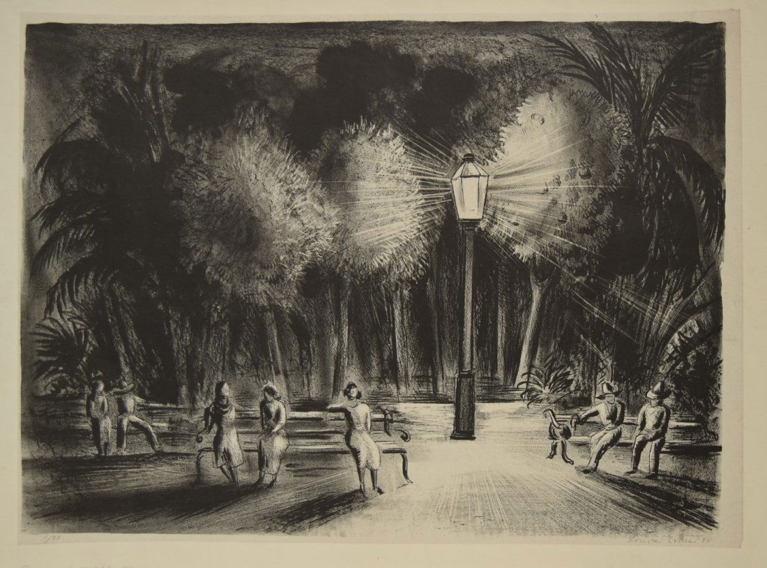 Konrad Cramer; 20thC. American Lithograph Signed: Lithograph. Plaza at Night. Pencil signed, titled, dated 1934 and numbered 11/30. Having estate stamp on reverse; 11.5in. X 15.5in.(image size)