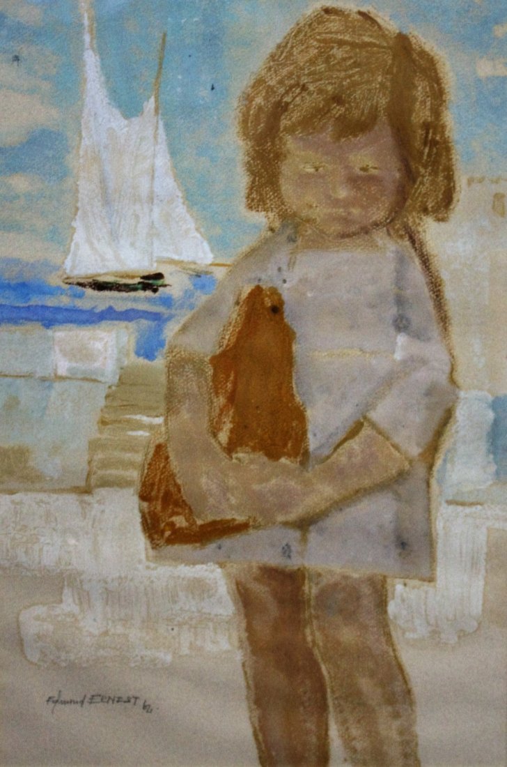 Edmund Ernest-Kosmowksi; 20thC. Polish Gouache Painting: Gouache on paper. Young Girl on a Beach. Signed l.l. and inscribed on reverse. Weiner Gallery stamp at reverse; 19.25in. X 12.75in.(image size)``