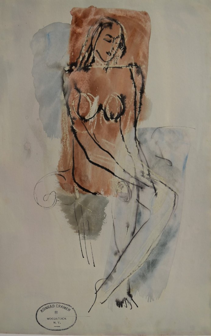Konrad Cramer; 20thC. American Mixed Media: Watercolor and ink on paper. Seated Nude. Having estate stamp; 19in. X 12.5in.