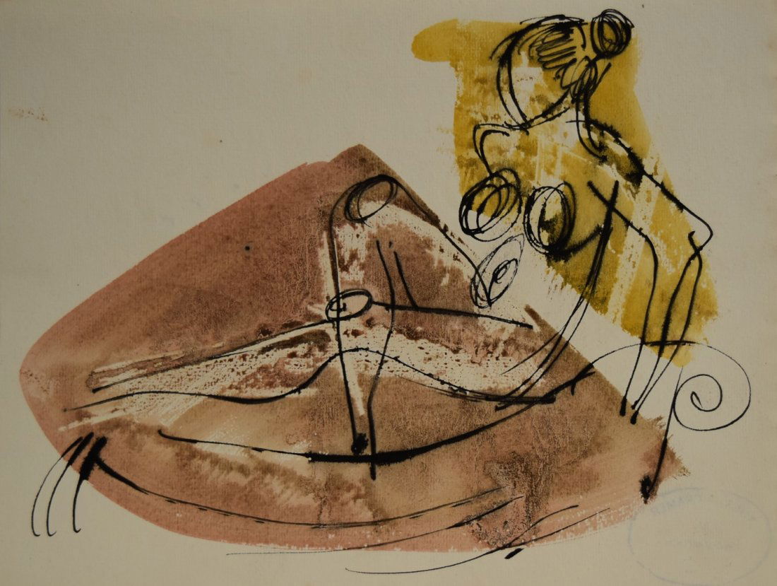 Konrad Cramer; 20thC. American Mixed Media: Watercolor and ink on paper. Reclining Nude. Having estate stamp; 9.5in. X 12.5in.