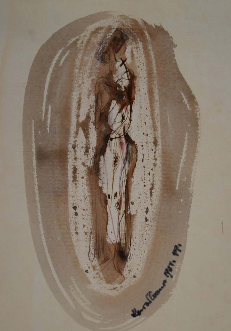 Konrad Cramer; 20thC. American Mixed Media Signed: Watercolor and ink on paper. Abstract Figure of a Standing Nude. Signed l.r. and dated 1951. 49. Having estate stamp; 19in. X 12.5in.