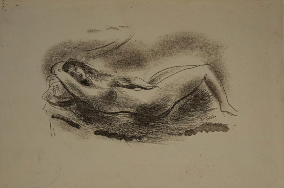 Konrad Cramer; 20thC. American Ink Drawing Signed: Ink on paper. Reclining Nude. Signed l.r. with initials and dated '40. Having estate stamp. 7.75in. X 11.5in.