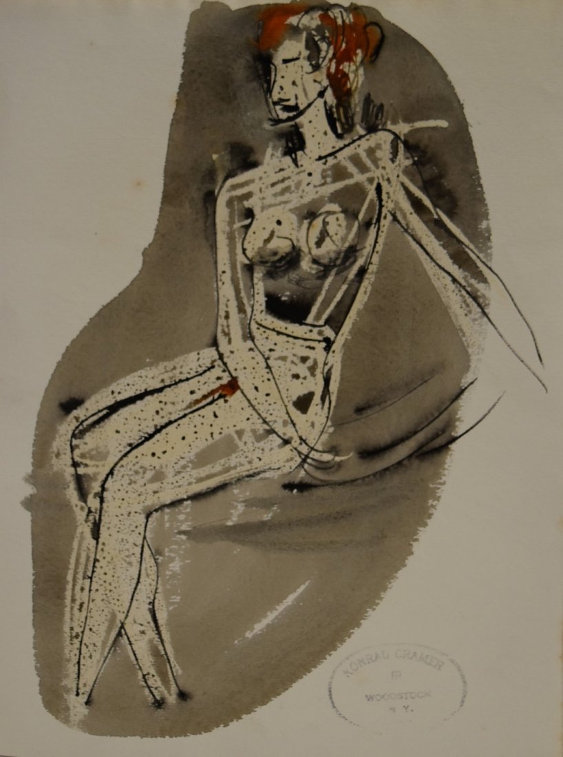 Konrad Cramer; 20thC. American Mixed Media: Watercolor and ink on paper. Seated Nude. Having estate stamp; 12.75in. X 9.5in.