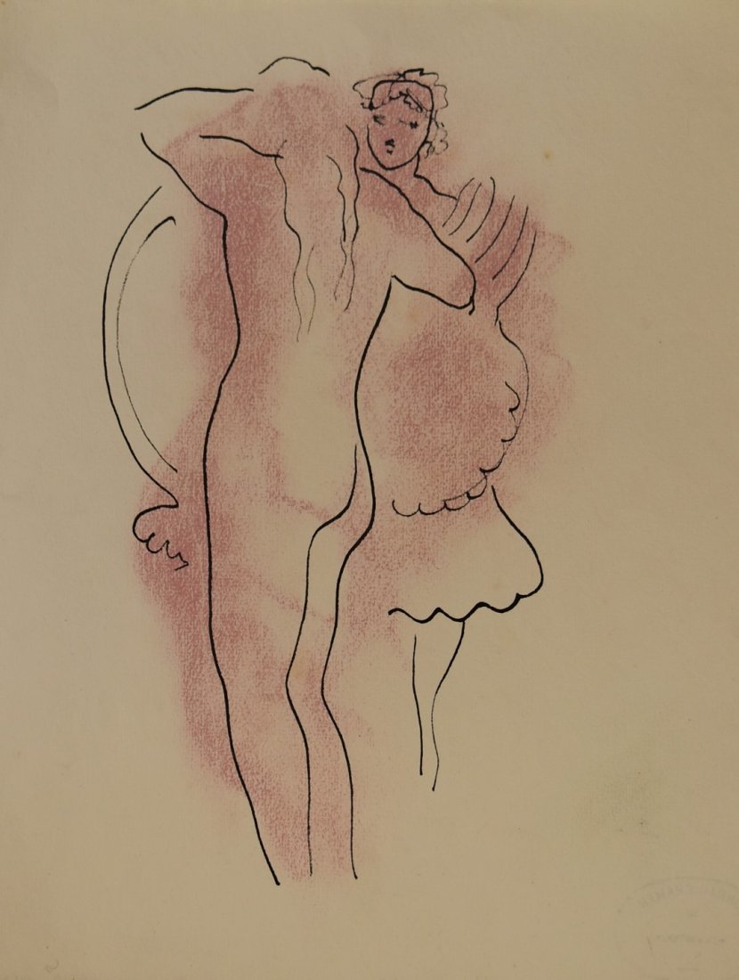 Konrad Cramer; 20thC. American Mixed Media: Ink and chalk on paper. Dressing Room. Having estate stamp; 15in. X 12.5in.