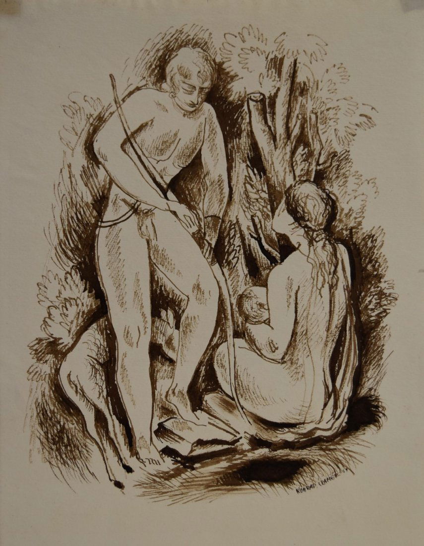 Konrad Cramer; 20thC. American Sepia Drawing Signed: Sepia ink on paper. Nudes in Forest. Signed l.r. and dated 1939. Having estate stamp; 12.5in. X 9.5in.