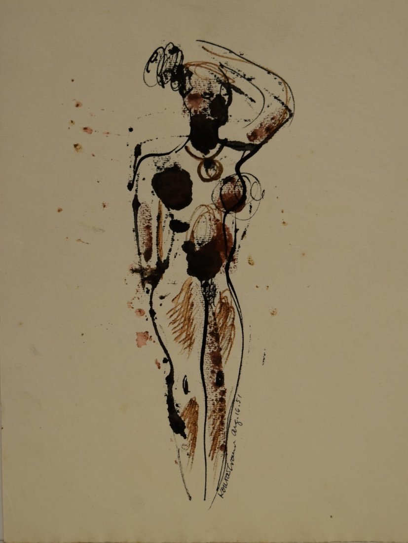 Konrad Cramer; 20thC. American Mixed Media Signed: Watercolor and ink on paper. Abstract Figure of a Standing Nude. Signed l.r. and dated Aug. 16. 51. Having estate stamp; 12.5in. X 9.5in.