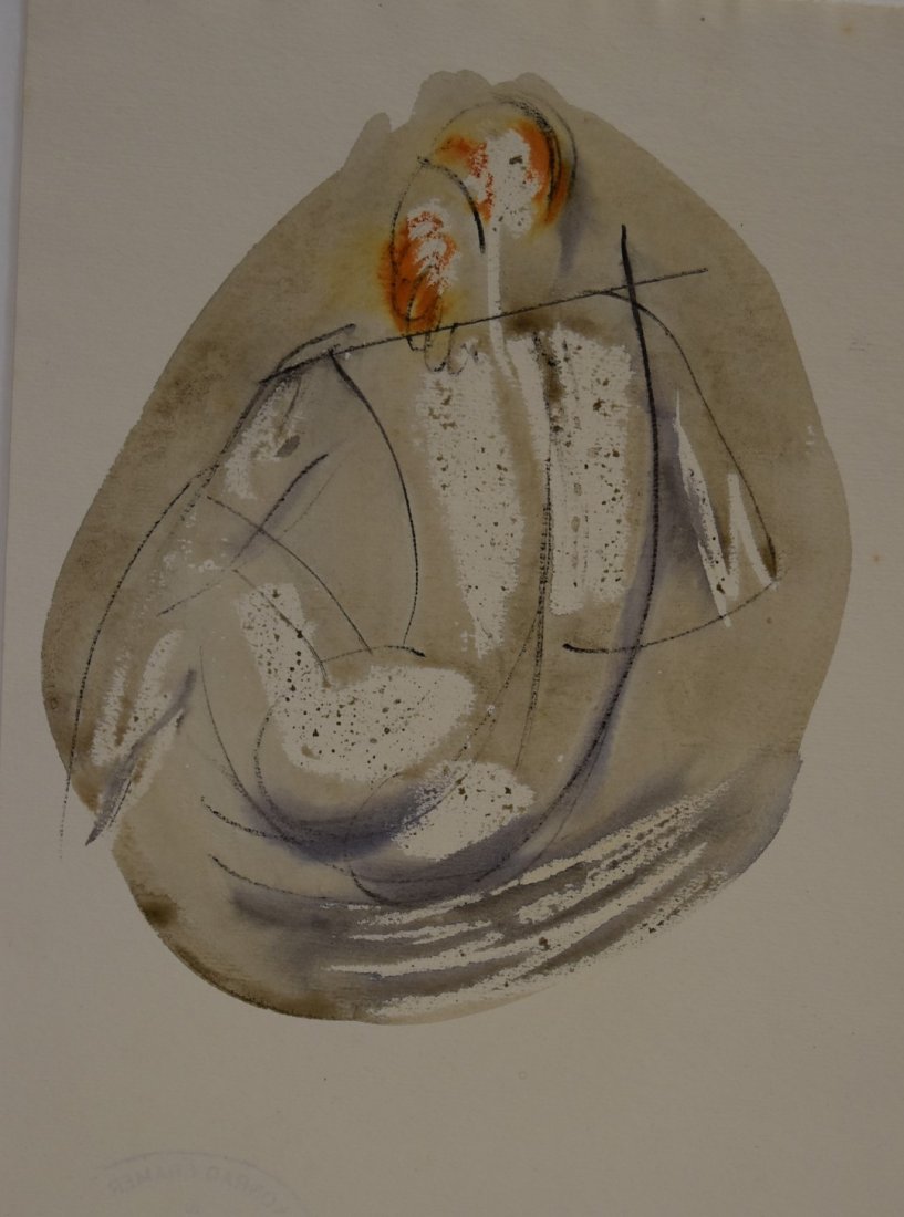 Konrad Cramer; 20thC. American Mixed Media: Watercolor and ink on paper. Abstract Figure of a Seated Nude. Having estate stamp; 12.5in. X 9.5in.