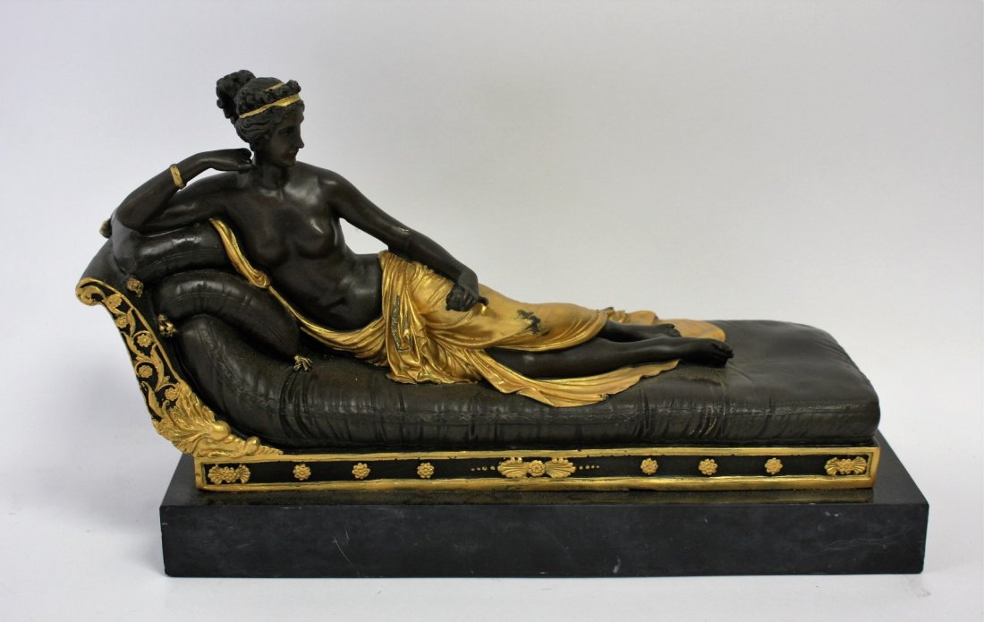 A. Canova(after) Bronze Grouping Signed: Bronze grouping. Classical reclining semi nude on sofa. Gilt accents. Marble base; 7.5in.H. x 12.5in.W.