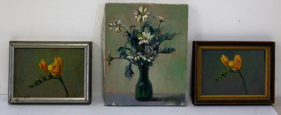Joy Divine; Three(3) 20thC. American Oil Still Lifes: Three(3) oil paintings. Still Lifes with Flowers; 5in. X 7in. - 10in. X 8in.