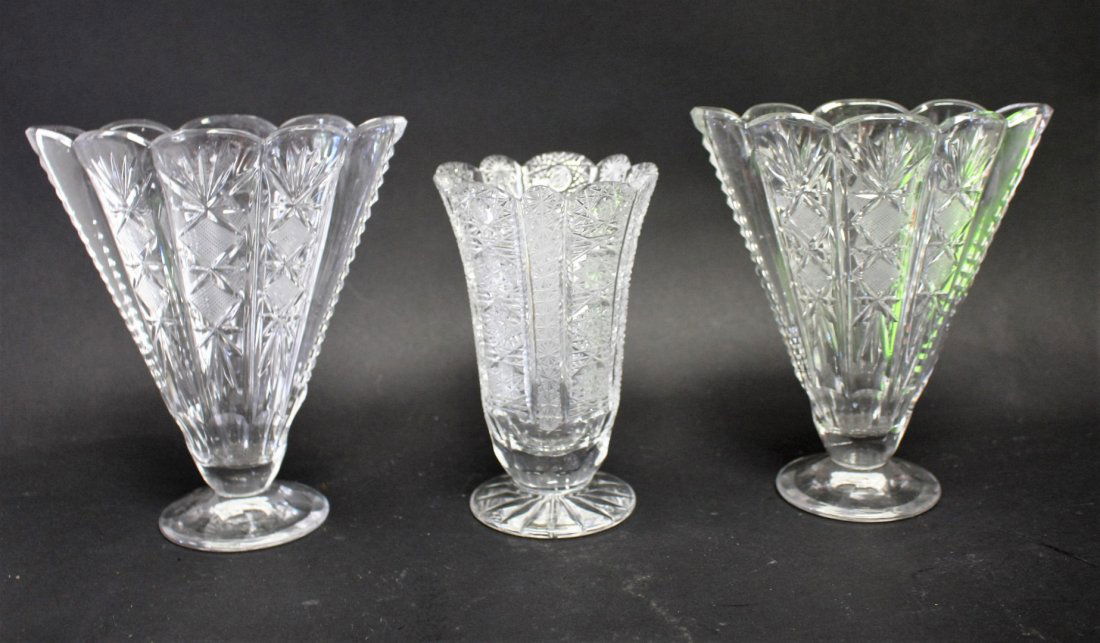 Pair Cut Glass Fan Vases And Single Vase (1 of 3)