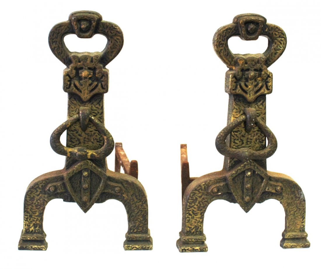 Mission Style Arts And Crafts Fireplace Andirons: Mission style, Arts and Crafts cast iron fireplace andirons, nice quality, very stylish, original brass patina. Size: 18 in. height, 10.5 in. wide at base, 17 in. length