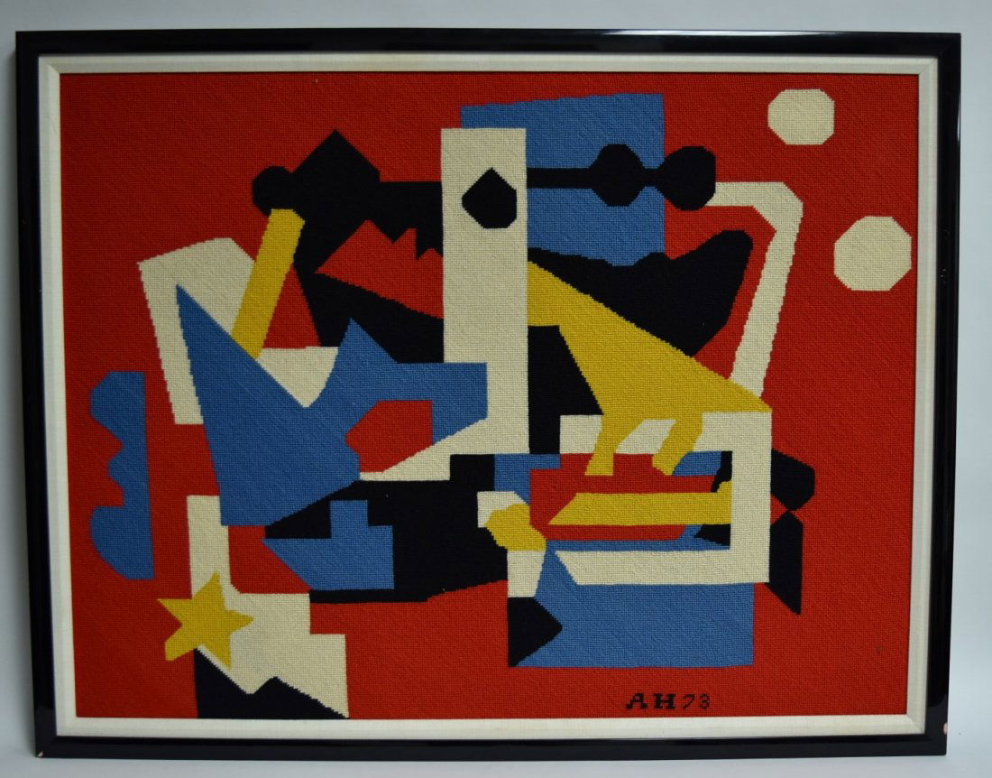 20thC. Modernist Needlepoint Signed: Needlepoint. Abstract Composition - Hommage to Stuart Davis. Signed with intitials AH and dated '73; 29in. X 37in.