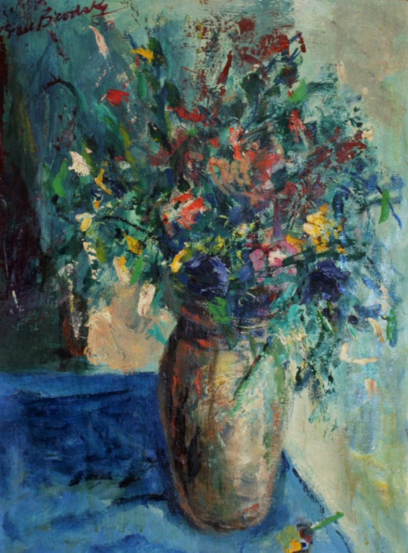 Stan Brodsky, 1950, Oil, Still Life: Stan Brodsky 1950, signed front and back, oil on board, still life floral arrangement in vase. No frame. Image size: 23 in. x 17.25 in.