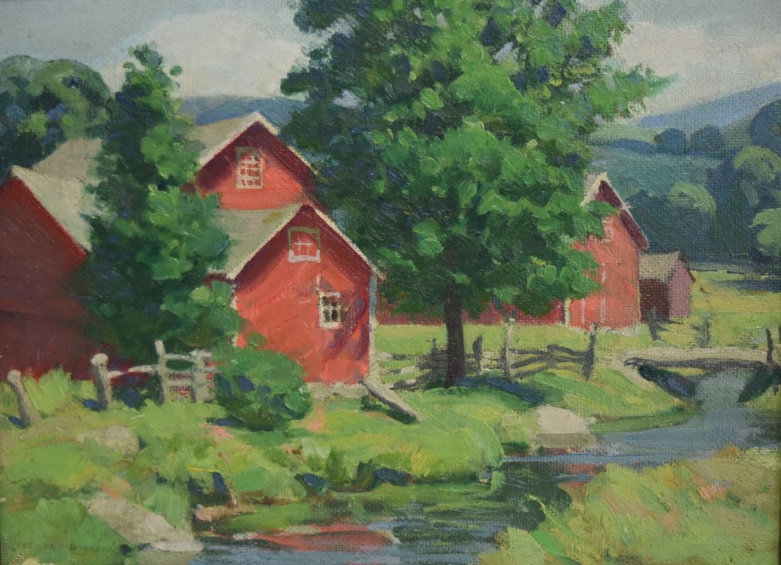 Clement H. Donshea; 2othC. American Oil Painting Signed: Oil on masonite. The Little Red Barns - Craryville, NY. Signed l.l. Having old label affixed to the back; 12in. X 16in.