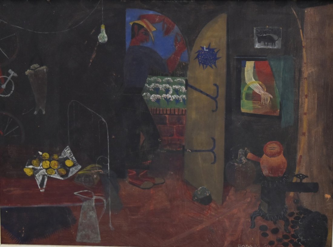 Forgas; 20thC. Tempera Signed: Tempera on board. Migrant Worker. Signed l.r. and dated '50(1950); 12.5in. X 16.5in.