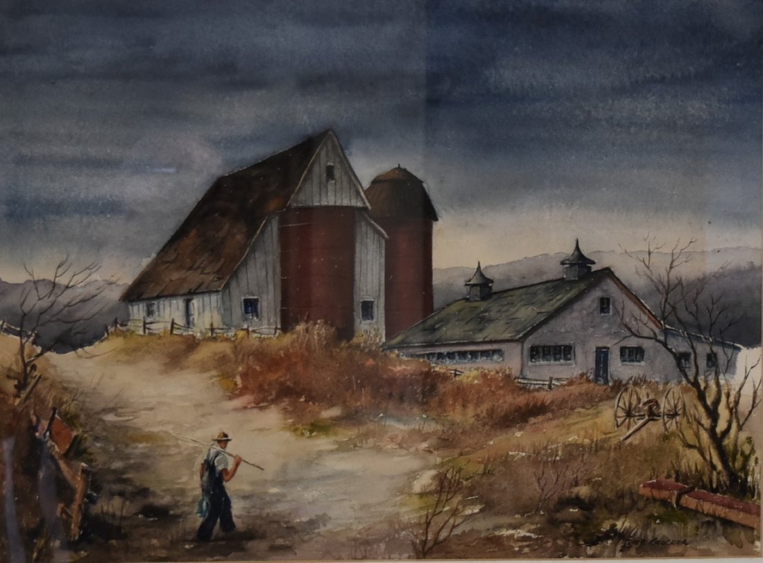 Dick Crocker; American Watercolor Signed: Watercolor on paper. Morning Chores. Signed l.r. and inscribed with title on reverse. Student of Henry Gasser; 17.25in. X 23.25in.(image size.)