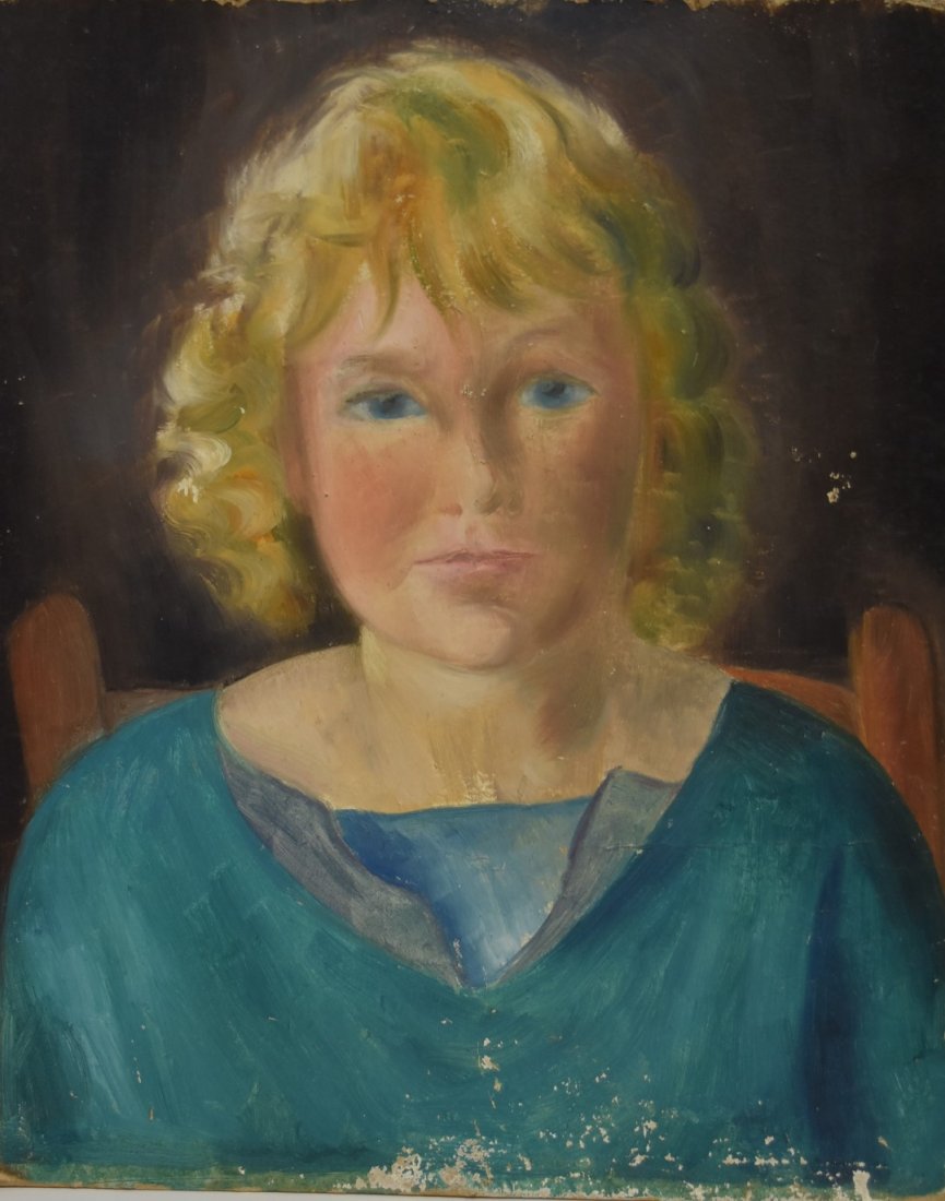 Konrad Cramer; 20thC. American Oil Portrait of Aileen: Oil on board. Portrait of the Artist's Daughter, Aileen. 1925. Inscribed on the reverse by Aileen B. Cramer and having estate stamp; 17in. X 14in.