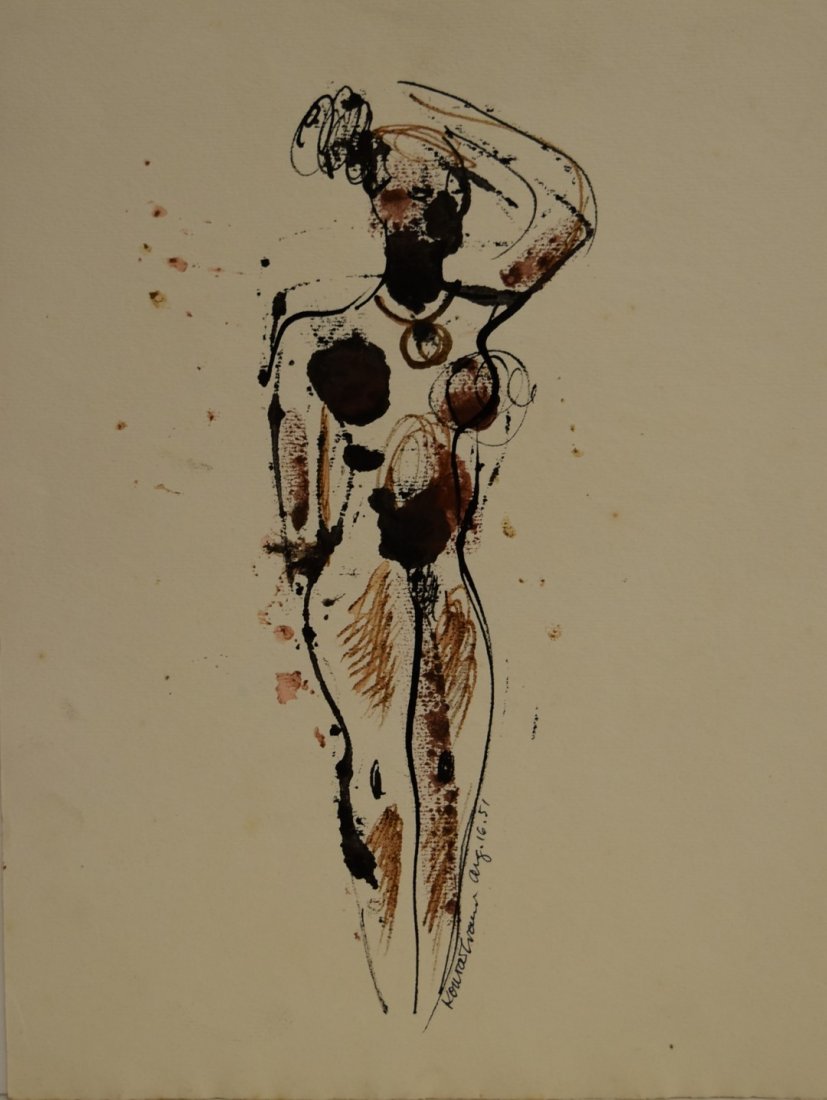 Konrad Cramer; 20thC. American Mixed Media Signed: Watercolor and ink on paper. Abstract Figure of a Standing Nude. Signed l.r. and dated Aug. 16. 51. Having estate stamp; 12.5in. X 9.5in.