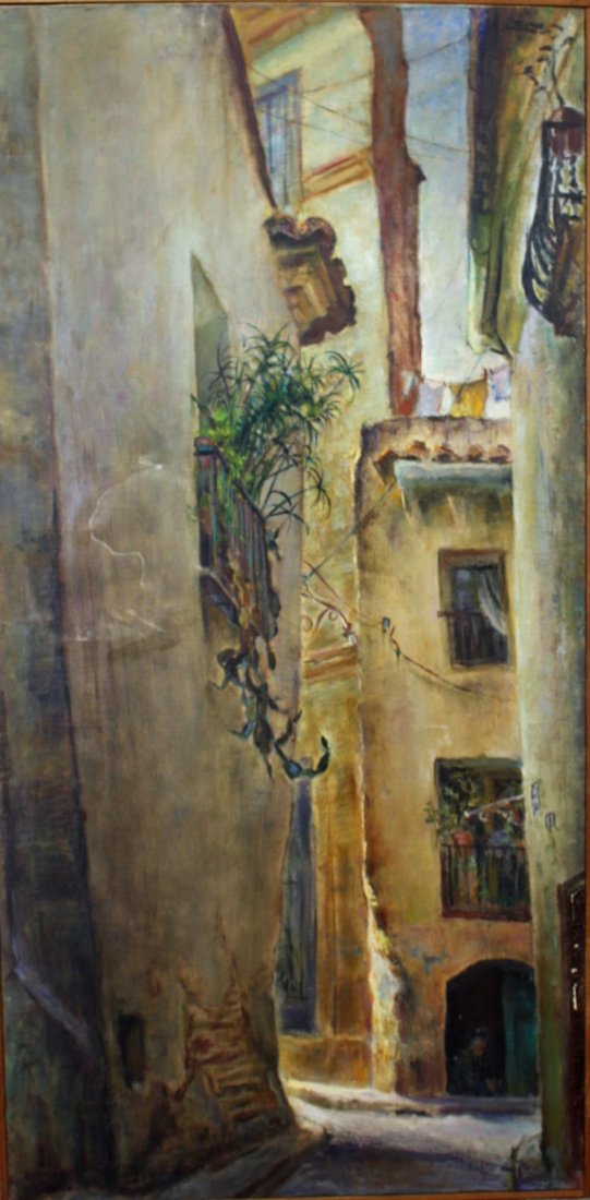 Clifford Jackson; 20thC. Oil Painting Signed: Oil on canvas. Street Scene with Alley. Signed l.l.; 58.5in. X 28.5in.
