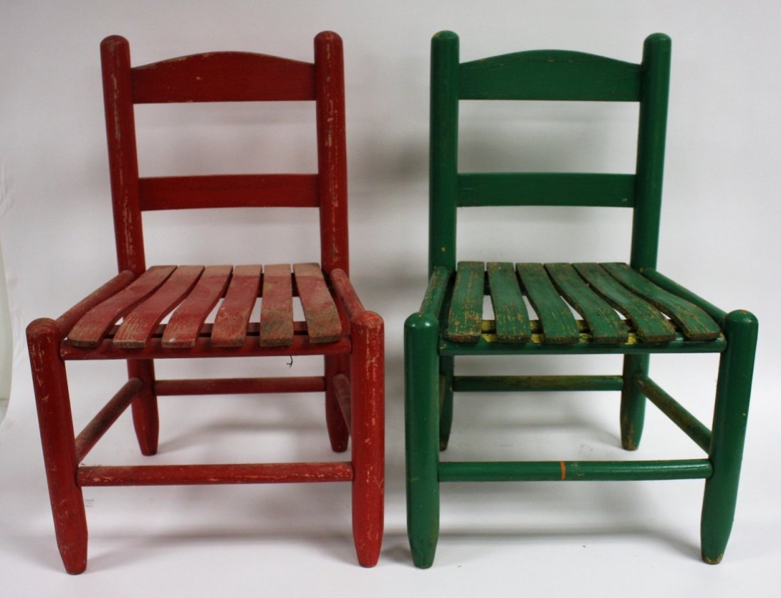 Pair of Child's Rocking Chairs: Pair of rocking chairs. Red and green; 23in.H. x 15in.W. x 12in.D.