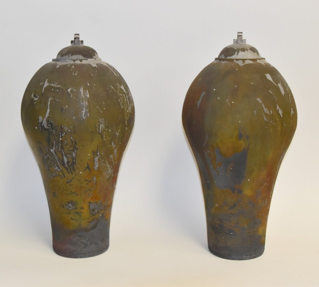 Pair of 20thC. Raku Pottery Urns Signed (1 of 9)
