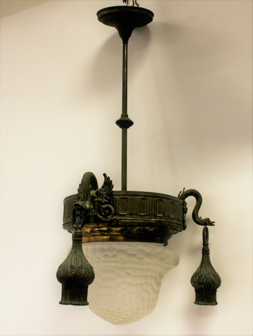 19thC. Art Deco Brass and Glass Chandelier (1 of 8)