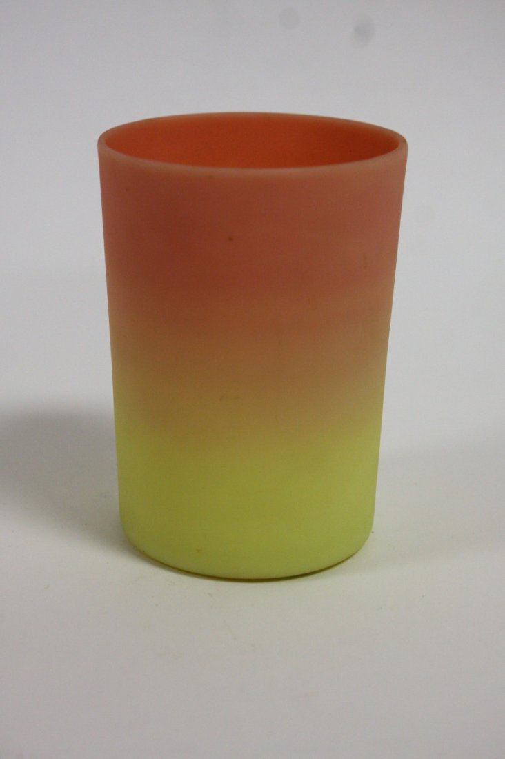 Mt. Washington Burmese Satin Glass Tumbler: Burmese satin glass tumbler; 3.75in.H. x 2.5in.W.