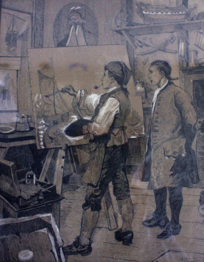 Alex Levy; 19thC. Mixed Media Drawing Signed: Ink heightened with chalk on paper. The Artist's Studio. Signed l.r. and dated 1891; 11.5in. X 9.25in.(image size)
